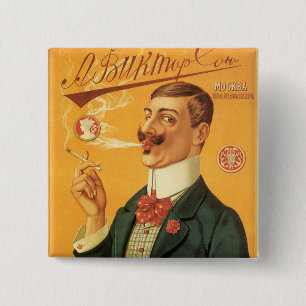 Antiek productlabel, Russische sigarettentabak Vierkante Button 5,1 Cm