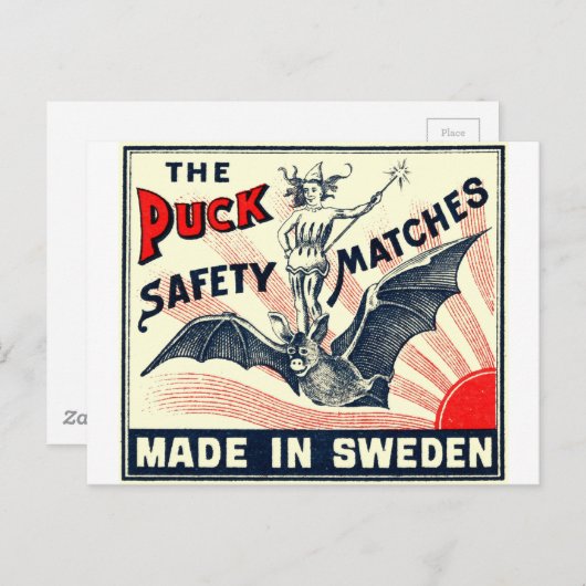 Antiek Puck Riding Bat Swedish Matchbox Label Briefkaart (Voorkant / Achterkant)