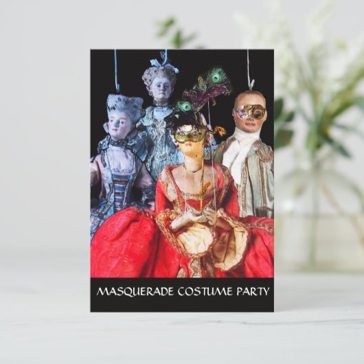 ANTIEK PUPPETS MASQUERADE COSTUME PARTY RSVP KAART (Staand voorkant)