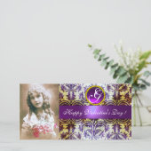 ANTIEK PURPER DAMAST Amethist Monogram Feestdagenkaart (Staand voorkant)
