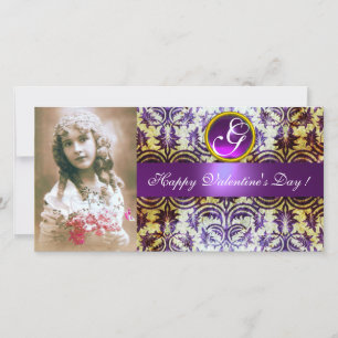 ANTIEK PURPER DAMAST Amethist Monogram Feestdagenkaart