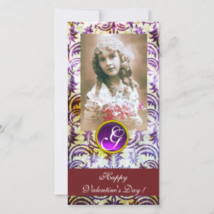 ANTIEK PURPER DAMAST Amethist Monogram rood Feestdagenkaart