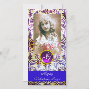 ANTIEK PURPEREN DAMAST Amethist Blauw Monogram Feestdagenkaart