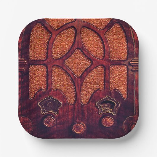 Antiek radio hout art deco kathedraal bruin papieren bordje (Voorkant)