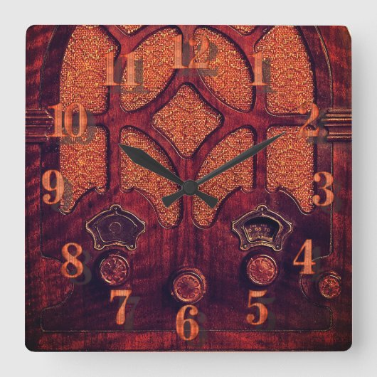 Antiek radiohout elegant art deco kathedraal vierkante klok (Voorkant)