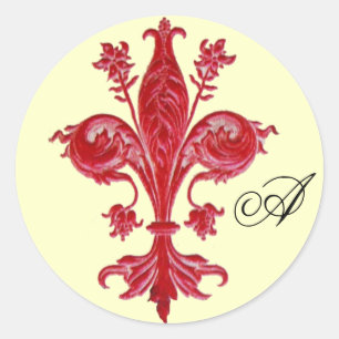ANTIEK RED FLEUR DE LISE MONOGRAM, Cream Ronde Sticker