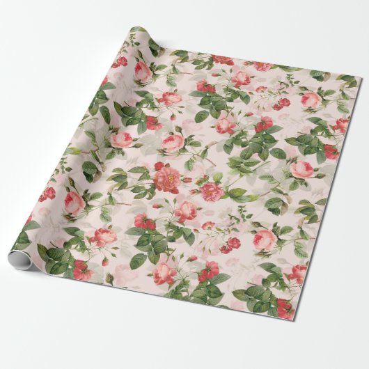 Antiek  Redouté Rozen Patroonroze Cadeaupapier (Uitgerold)