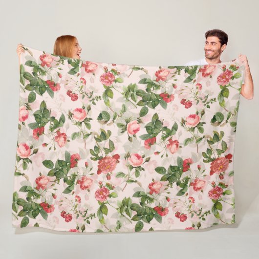 Antiek Redouté Rozen Patroonroze Fleece Deken (In situ)