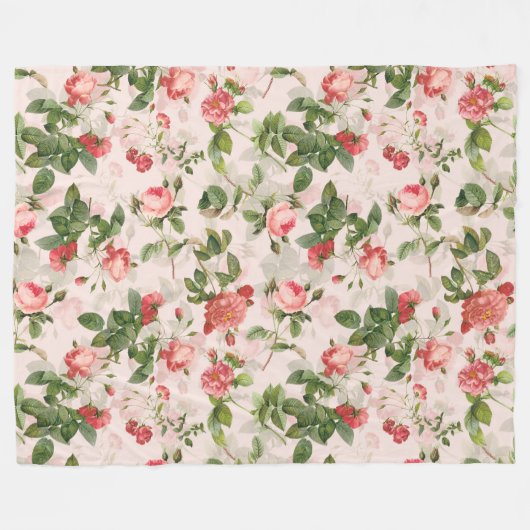 Antiek  Redouté Rozen Patroonroze Fleece Deken (Voorkant (Horizontaal))
