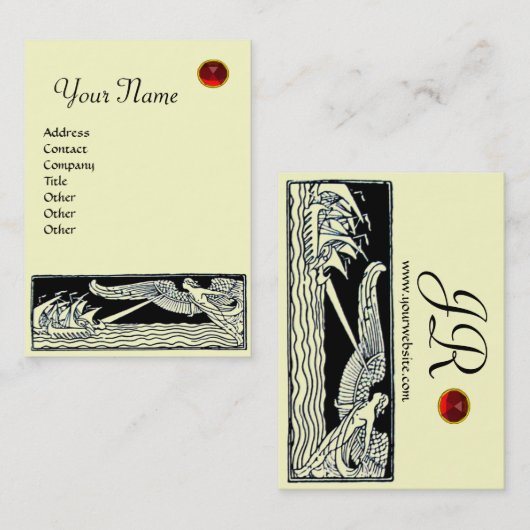 ANTIEK REISJE, RODE RUBY MONOGRAM, zwart wit eiwit Visitekaartje (Voorkant / Achterkant)