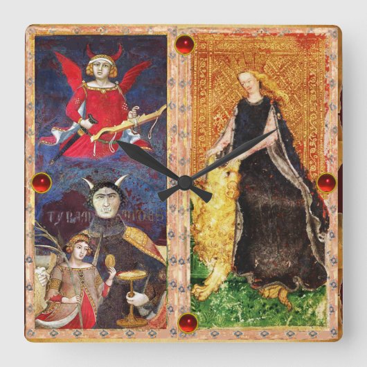 ANTIEK RENAISSANCE STREEFT DE DEVIL EN FORTITUTIE VIERKANTE KLOK (Voorkant)