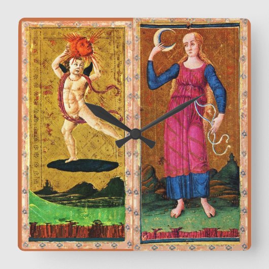 ANTIEK RENAISSANCE TAROOTS / DE ZON EN HET MOON VIERKANTE KLOK (Voorkant)