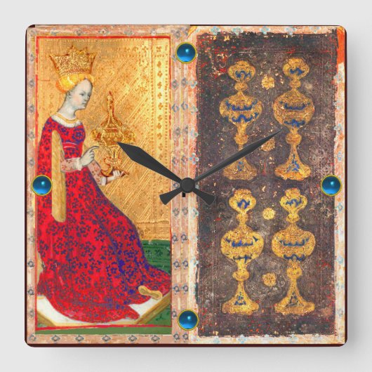 ANTIEK RENAISSANCE TAROT/VIER EN KONINGIN VAN KUPS VIERKANTE KLOK (Voorkant)
