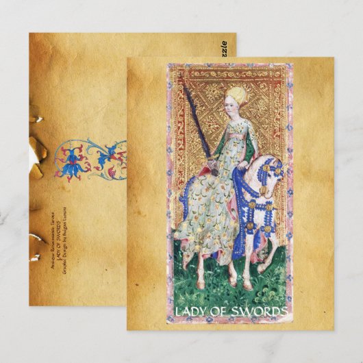 ANTIEK RENAISSANCE TAROTS / LADY OF SWORDS BRIEFKAART (Voorkant / Achterkant)