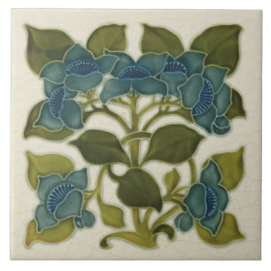 Antiek Repro Art Nouveau Blue Flowers Tile Tegeltje