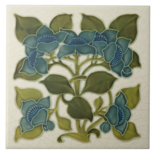 Antiek Repro Art Nouveau Blue Flowers Tile Tegeltje (Voorkant)