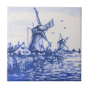 Antiek Repro Blue Delft Dutch Windmill Tile Tegeltje