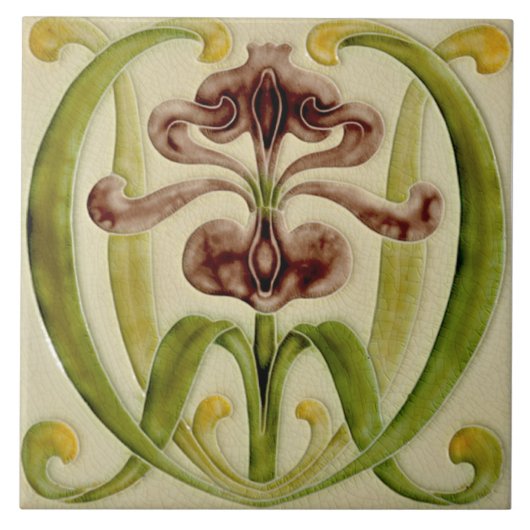 Antiek Repro Late 1800s Art Nouveau Iris Tile Tegeltje (Voorkant)