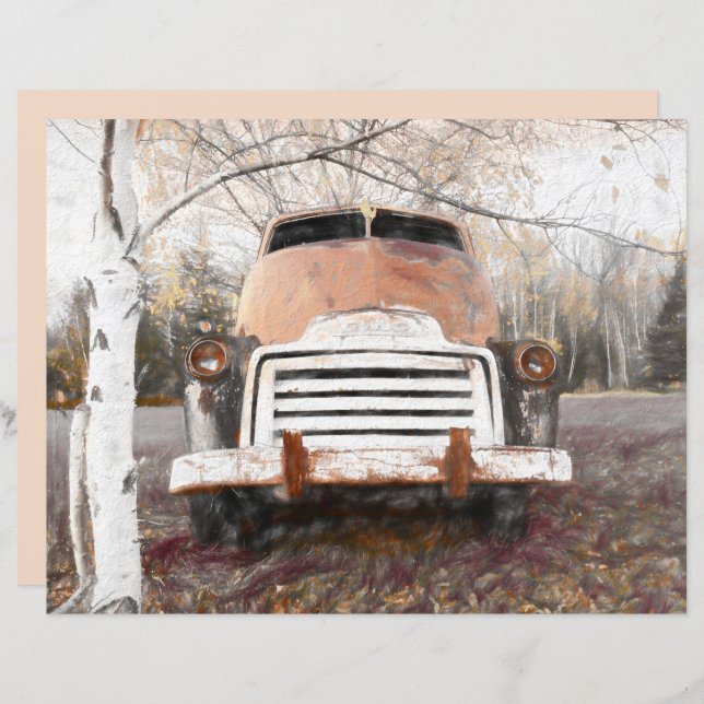  Antiek Retro Rustic Autumn Truck Sketch (Voorkant / Achterkant)