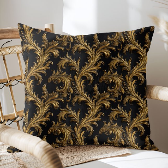 Antiek Rococo Zwart Goud Barok Kussen (Antique Rococo Black Gold Baroque Throw Pillow)