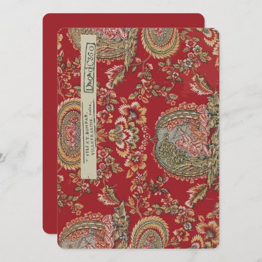 Antiek rode Franse stof van Villefranche Feestdagenkaart (Voorkant / Achterkant)