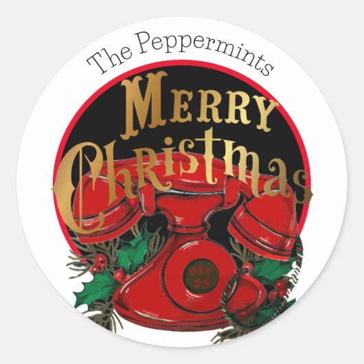 Antiek rode kerst telefoon gepersonaliseerd ronde sticker (Voorkant)