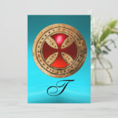 ANTIEK RODE RUBY CROSS BLUE BLACK DAMASKMONOGRAM KAART (Staand voorkant)