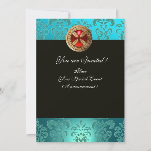 ANTIEK RODE RUBY CROSS BLUE BLACK DAMASKMONOGRAM KAART (Achterkant)