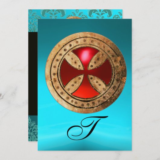 ANTIEK RODE RUBY CROSS BLUE BLACK DAMASKMONOGRAM KAART (Voorkant / Achterkant)