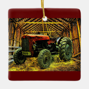 Antiek rode trekker bijtende schuur keramisch ornament
