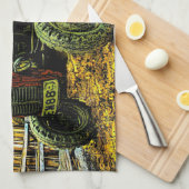 Antiek rode trekker bijtende schuur theedoek (Quarter Fold)