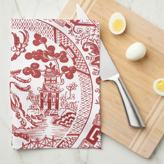 Antiek Rode Wilg China Patroon  Monogram Theedoek (Quarter Fold)