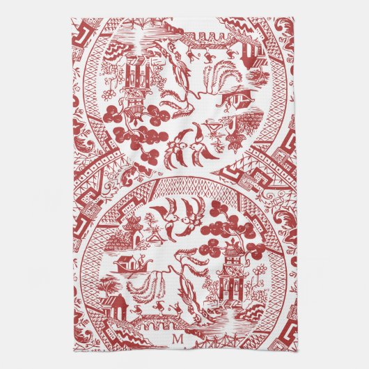 Antiek Rode Wilg China Patroon  Monogram Theedoek (Verticaal)