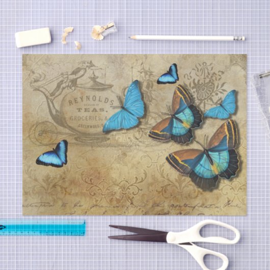 Antiek Roestvast ontbindmiddel N Blauwe Butterflie Tissuepapier (Craft)