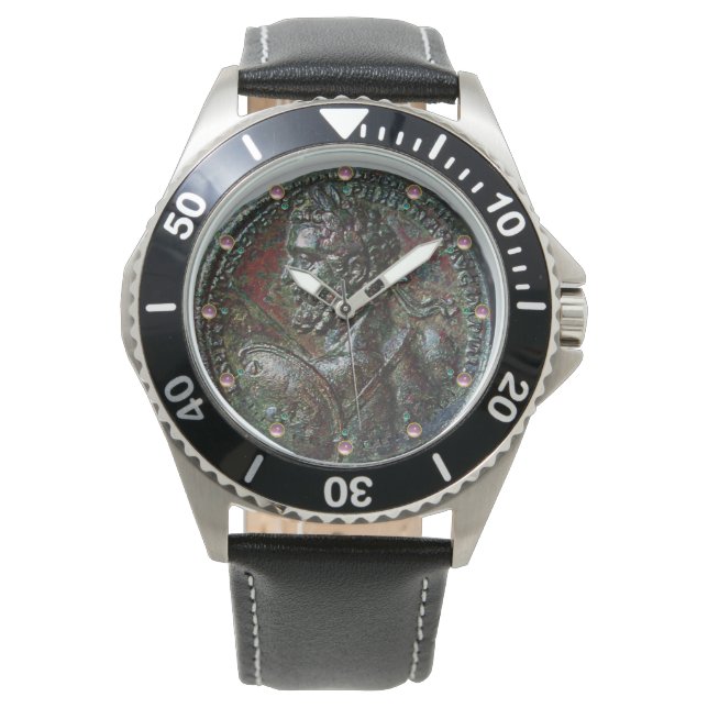 ANTIEK ROMAN BRONZE MEDALLION MET PINK GEMSTONES HORLOGE (Voorkant)