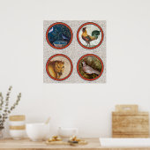 ANTIEK ROMAN MOSAICS BIRDS, ROOSTER EN LION POSTER (Keuken)