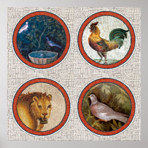 ANTIEK ROMAN MOSAICS BIRDS, ROOSTER EN LION POSTER