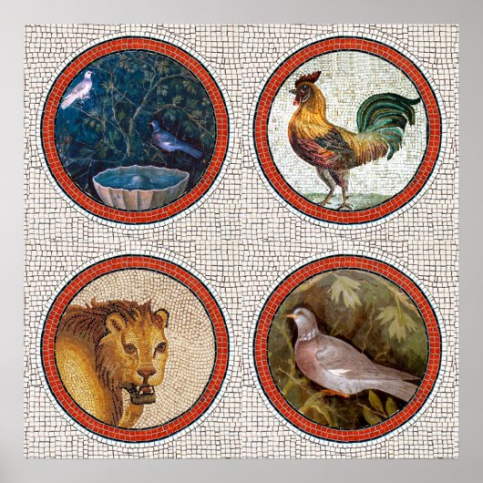 ANTIEK ROMAN MOSAICS BIRDS, ROOSTER EN LION POSTER (Voorkant)