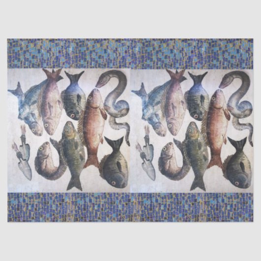 ANTIEK ROMAN MOSAICS, FISHES, OCEAAN ZEE LIFE SCEN TISSUEPAPIER (Voorkant)