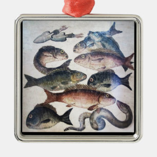 ANTIEK ROMAN MOSAICS, VISSEN, OCEAAN ZEE LIFE SCEN METALEN ORNAMENT