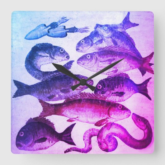 ANTIEK ROMAN MOSAICS, VISSERIJZEE LIFE Roze Blauw Vierkante Klok (Voorkant)