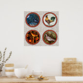 ANTIEK ROMAN MOSAICS / VOGELS ROZEN EN ROOSTER POSTER (Keuken)