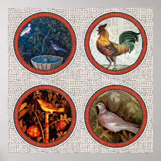 ANTIEK ROMAN MOSAICS / VOGELS ROZEN EN ROOSTER POSTER (Voorkant)