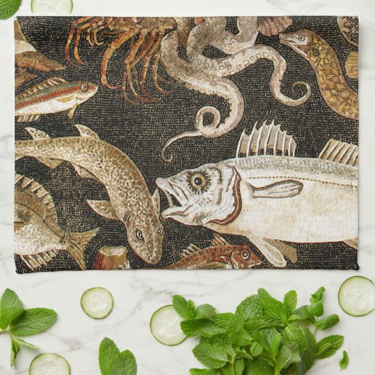 Antiek Roman Mozaïek Pompeii Zee Life Stone Mozaïe Theedoek (Gevouwen)