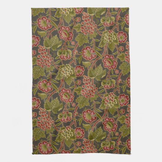 Antiek Rood Bloemmotief met Druiven Botanisch Patr Theedoek (Verticaal)