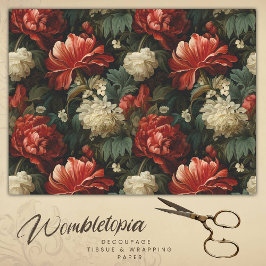 Antiek Rood & Cream Bloemen Decoupage Tissuepapier
