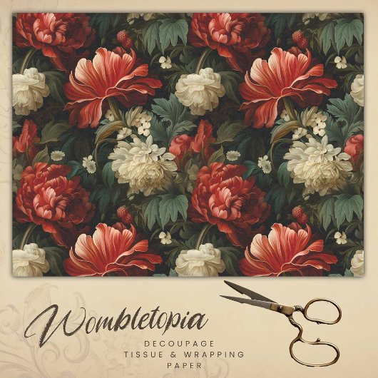 Antiek Rood & Cream Bloemen Decoupage Tissuepapier