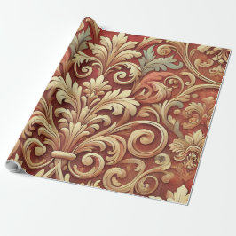 Antiek Rood en Goud Damastpatroon Cadeaupapier