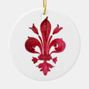 ANTIEK ROOD FLEUR DE LIS IN WITTE Heraldische Bloe Keramisch Ornament