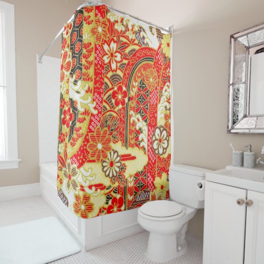 Antiek rood goud japans kimono bloembloem douchegordijn (In situ)